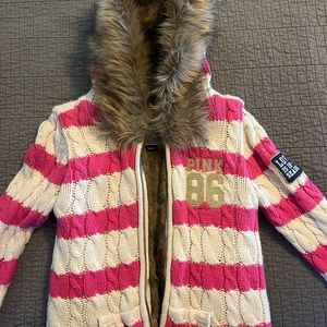 PINK cream and pink zip-up sweater with faux fur lining